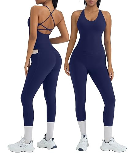 OMKAGI 2 Piece Workout Sets for Women Padded Workout Tops Booty Leggings with Pockets Gym Sets (M,445-Navy Blue) | Amazon (US)