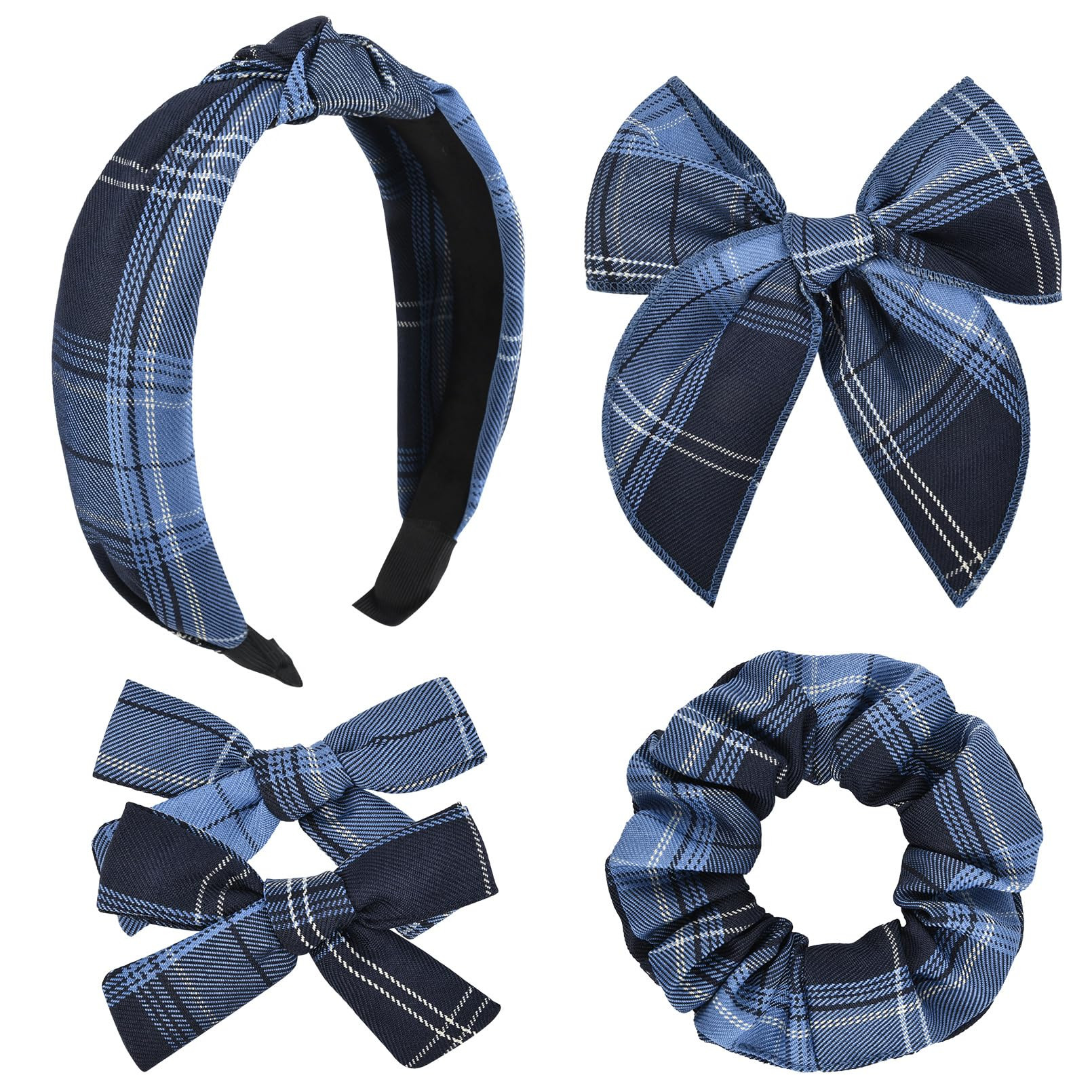 DEEKA School Uniform Plaid Hair Bows & Knotted Plaid Headband & Scrunchies Fable Hair Bow Set Alligator Clips for Toddler Girls Hair Accessories for Little School Girls (Navy Blue) | Amazon (US)
