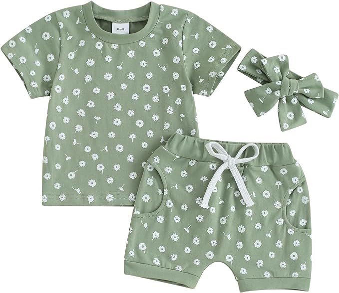 Lucikamy Toddler Baby Girl Clothes Summer Short Sleeve Floral Print T Shirt Tops + Elastic Shorts... | Amazon (US)