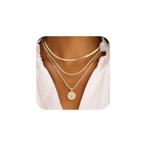 M MOOHAM Layered Gold Necklaces for Women, 14K Gold-Plated Dainty Stackable Pendant Necklace Set, Layering Snake Rope Chain Coin Pendant Necklace Trendy Women's Jewelry Gifts Set | Amazon (US)