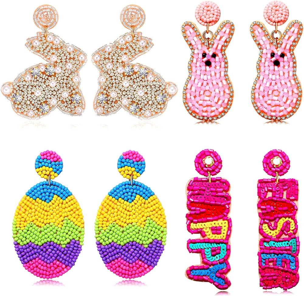 4 Pairs Easter Earrings for Women, Beaded Rabbit Bunny Earrings Colorful Easter Egg Earrings, Spr... | Amazon (US)