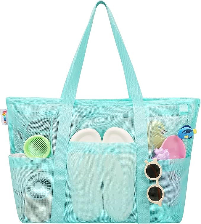 Tagitary Mesh Beach Bag with Zipper Large Beach Tote Waterproof Sandproof with 8 Pockets for Toys... | Amazon (US)