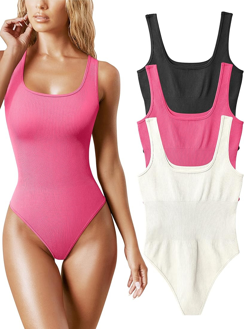 OQQ Women's 3 Piece Bodysuits Sexy Ribbed Sleeveless Square Neck Sleeveless Tank Tops Bodysuits | Amazon (US)