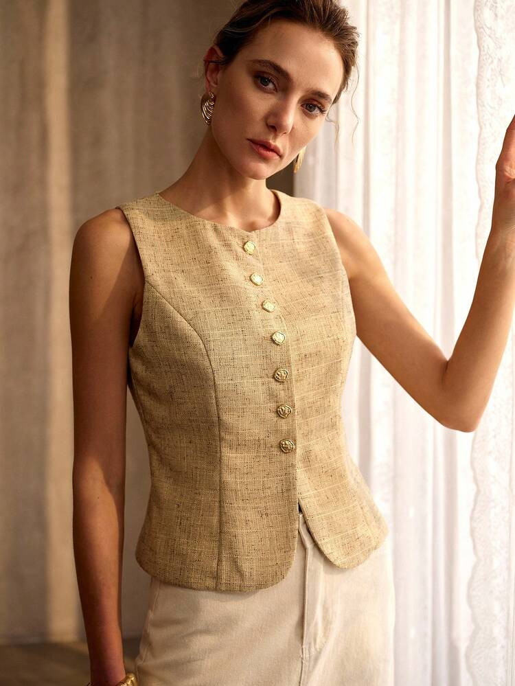MOTF PREMIUM WOMEN'S ELEGANT GOLD ASYMMETRIC SLEEVELESS JACKET | SHEIN