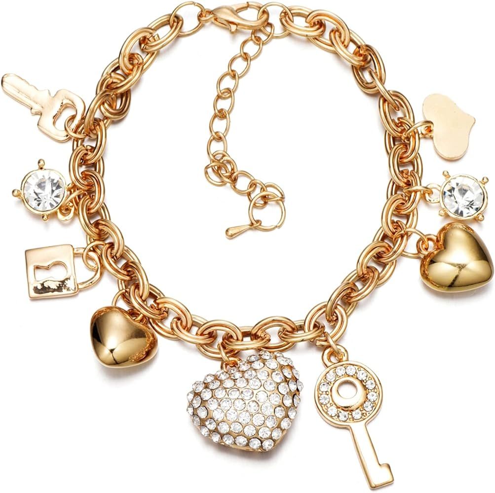Gold Chain Link Bracelet - 7"+ 2" Extender 14K Gold Plated Love Locked Bracelets for Women and Gi... | Amazon (US)