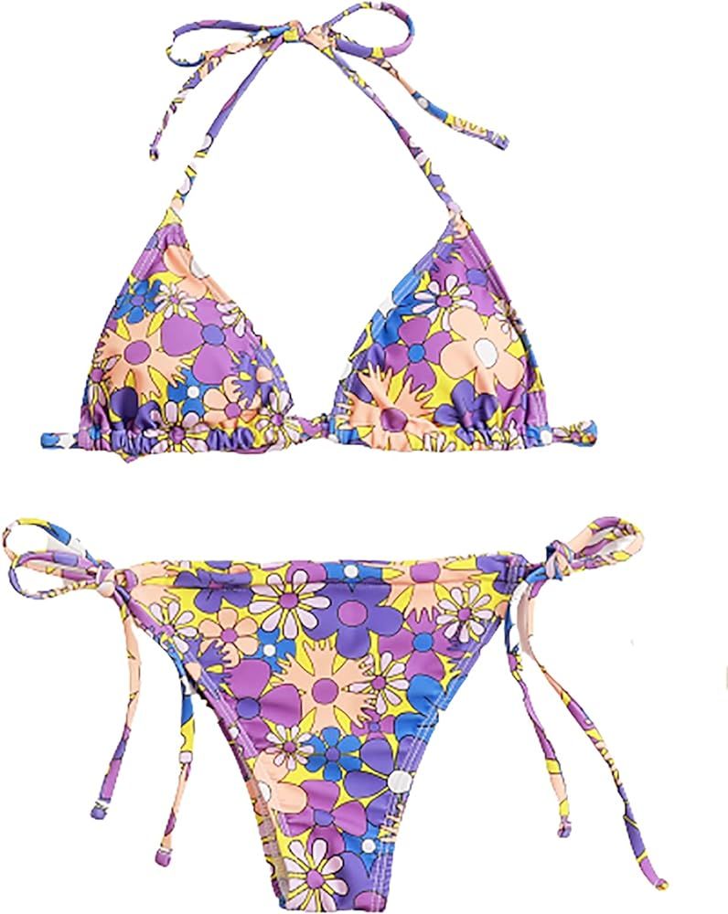 SOLY HUX Women's Floral Print Halter Triangle Tie Side Bikini Set Two Piece Swimsuits | Amazon (US)