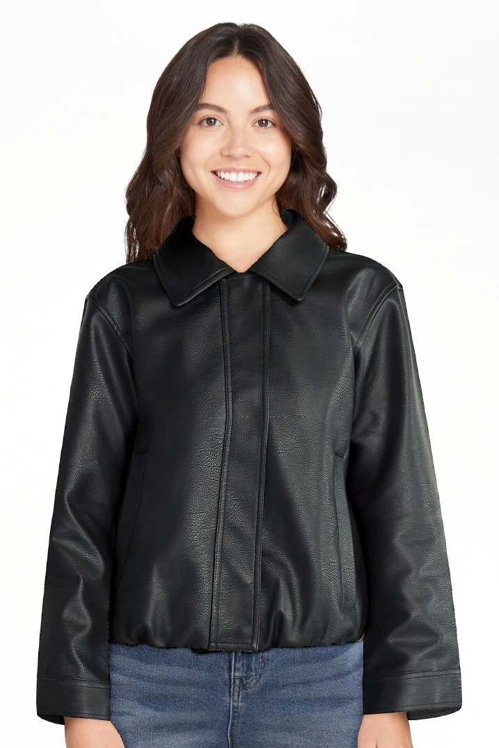 No Boundaries Bubble Hem Faux Leather Bomber Jacket, Women's - Walmart.com | Walmart (US)
