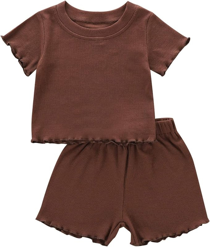 Toddler Baby Girl Summer Clothes Ribbed Knit Cotton Cute Summer Outfits Short Sleeves 2 Pieces Sh... | Amazon (US)