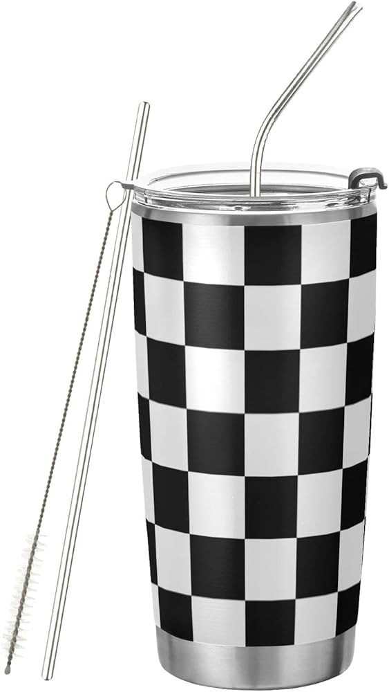 CaTaKu 20oz Checkered Flag Racing Tumbler Cup with Lid and Straw Black and White Plaid Stainless ... | Amazon (US)