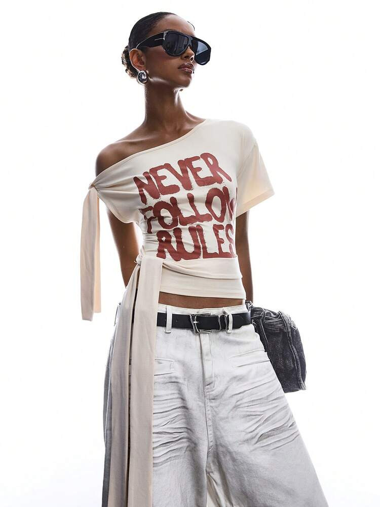 LYSMO 2026 New Arrive Minimalism Spring/Summer Women's Letter Print Asymmetric Neck Twist Casual ... | SHEIN
