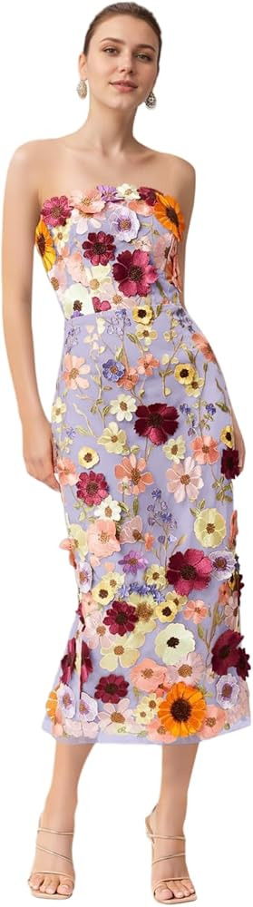 3D Floral Embroidery Prom Dresses for Women Long Strapless Flower Appliques Tulle Formal Evening ... | Amazon (US)