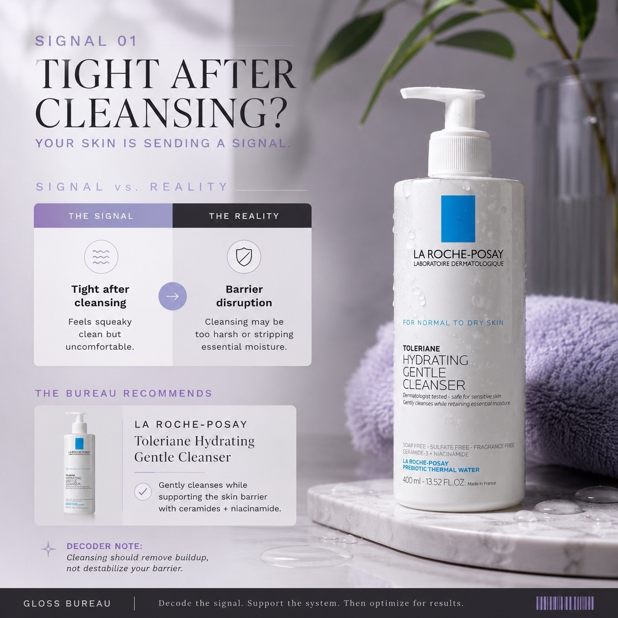 Is your skin feeling "squeaky clean" but uncomfortably tight? We are breaking down the Signal of your skin feeling tight after cleansing. 
The reality is often barrier disruption caused by a cleanser that is too harsh or stripping. Cleansing should focus on removing buildup, not destabilizing your barrier. The Bureau recommends La Roche-Posay Toleriane Hydrating Gentle #Cleanser to gently cleanse while supporting the skin with #ceramides and #niacinamide.

#LTKBeauty #LTKmorningroutine #LTKselfcare