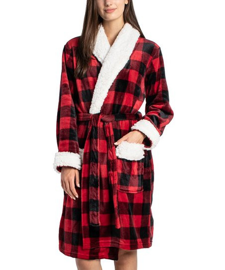 Safdie & Co. Inc. Red & Black Buffalo Check Pocket Sherpa-Trim Robe - Juniors | Zulily