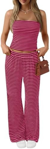 Trendy Queen Womens 2 Piece Lounge Sets Matching Summer Beach Vacation Outfits 2026 Striped Tube ... | Amazon (US)
