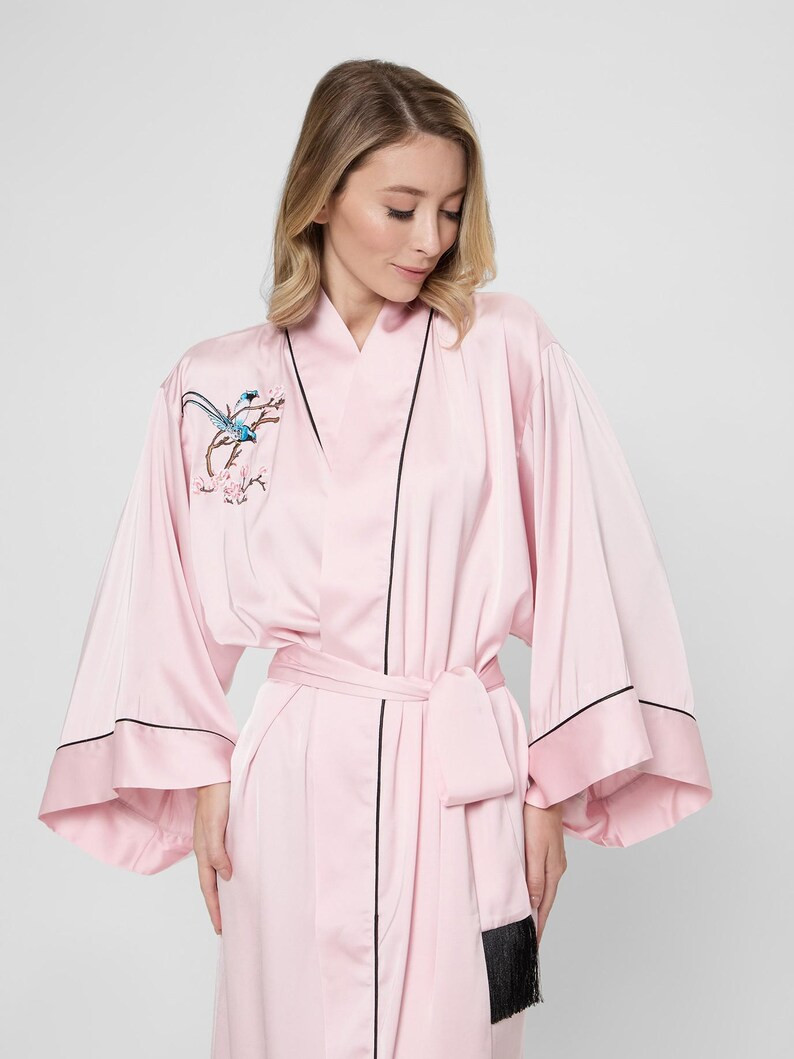 Embroidered Kimono, Long Pink Silk Robe, Japanese Wedding Kimono, Pure Silk Lounge Cardigan, Kimo... | Etsy (US)