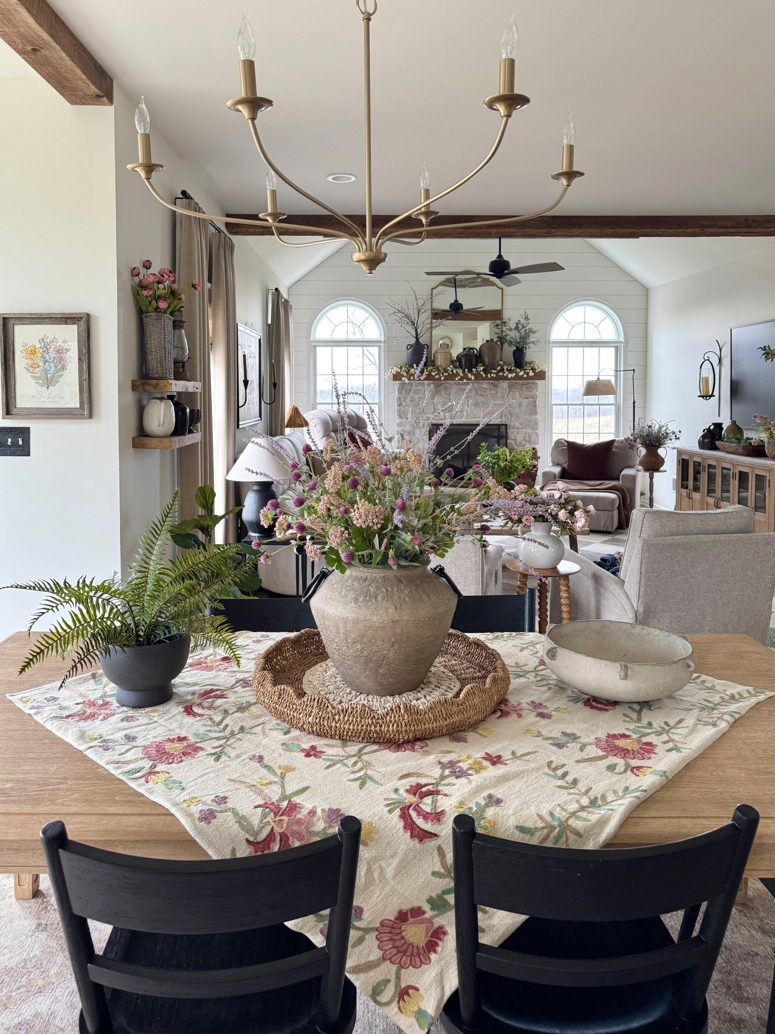 Pretty spring table display with my new beautiful embroidered floral table square, wildflower arrangement, faux fern, artisan bowl and more! I am sharing some of the florals I used in this display but of course some are not in stock. I used pink Queen Anne’s Lace, lavender stems, and a purple allium stems. I tagged similar flowers here  