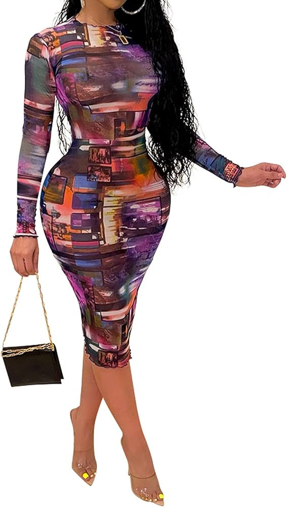 Uni Clau Women Sexy Long Sleeve Printed Sheer Mesh Bodycon Midi Dress See Through Slim Fit Tight ... | Amazon (US)
