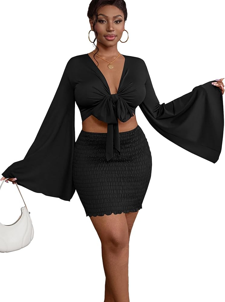 LYANER Women 2 Piece Vacation Outfits Tie Knot Front Bell Long Sleeve Crop Top and Mini Skirt Sum... | Amazon (US)
