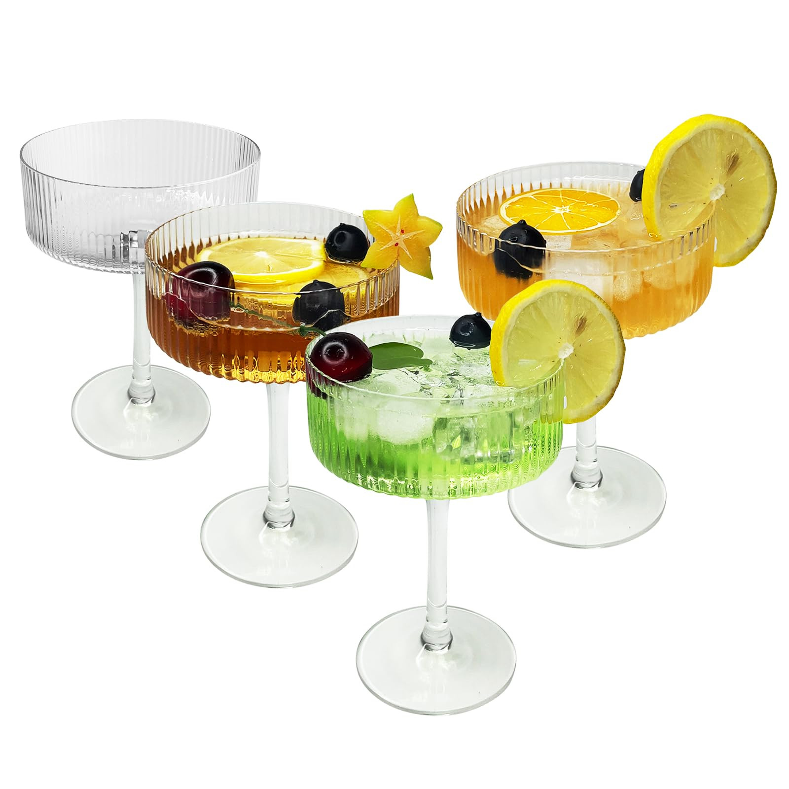 Set of 4 Martini Glass Set 10oz Clear Ribbed Coupe Glasses Classic Cocktail Galssware, Bar Drinking Glasses Set Perfect for Cocktail, Wine, Champagne & Gift Fluted Glasses | Amazon (US)