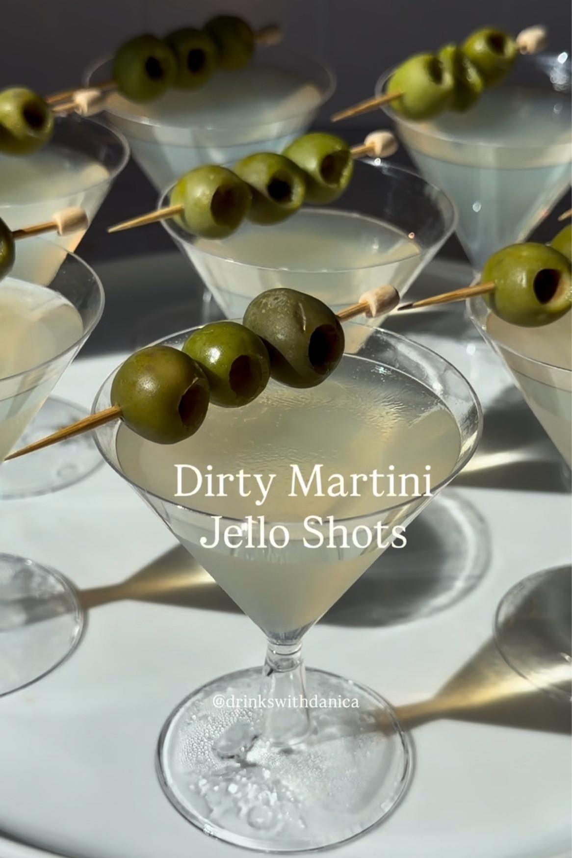 Dirty Martini Jello Shots

Follow me on Instagram and TikTok @drinkswithdanica for this recipe and more 