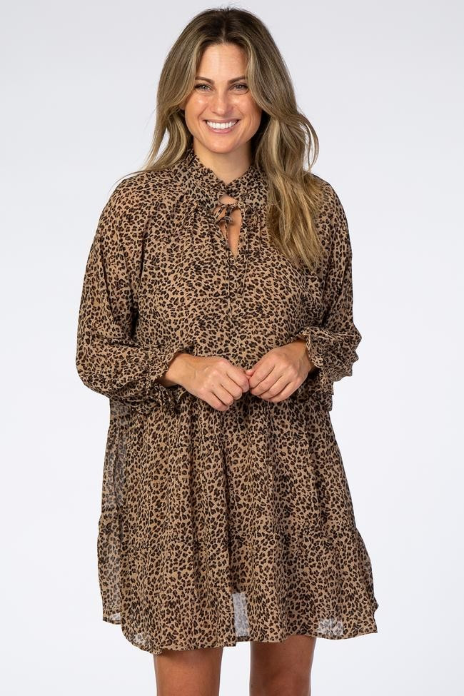 Brown Animal Print Chiffon Ruffle Sleeve Tiered Dress | PinkBlush Maternity