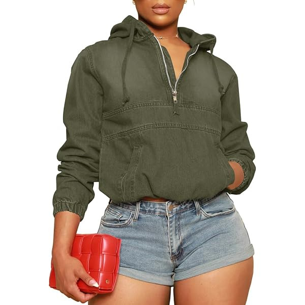 Women's Half Zip Denim Hoodie Pullover Jackets Jean Tops | Amazon (US)