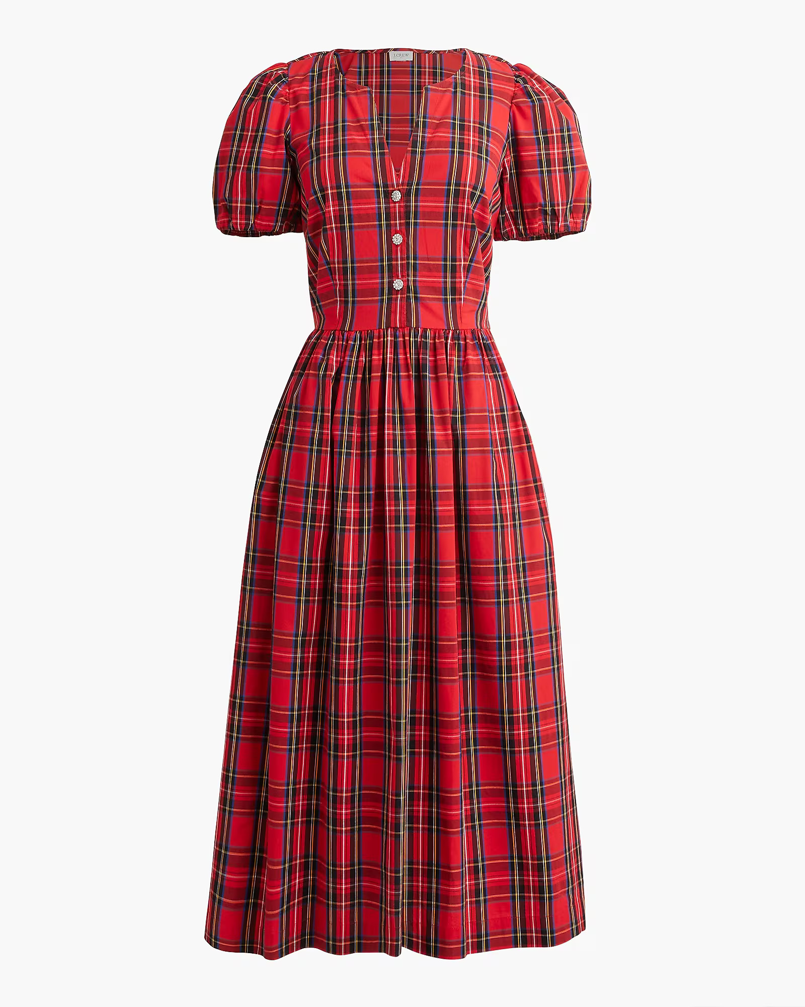 Stewart tartan  puff-sleeve midi dress with jeweled buttons | J.Crew Factory