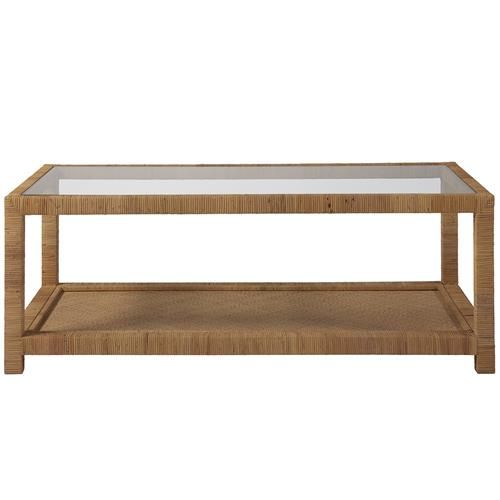 Ariah Coastal Beach Glass Top Brown Rattan Rectangular Coffee Table | Kathy Kuo Home