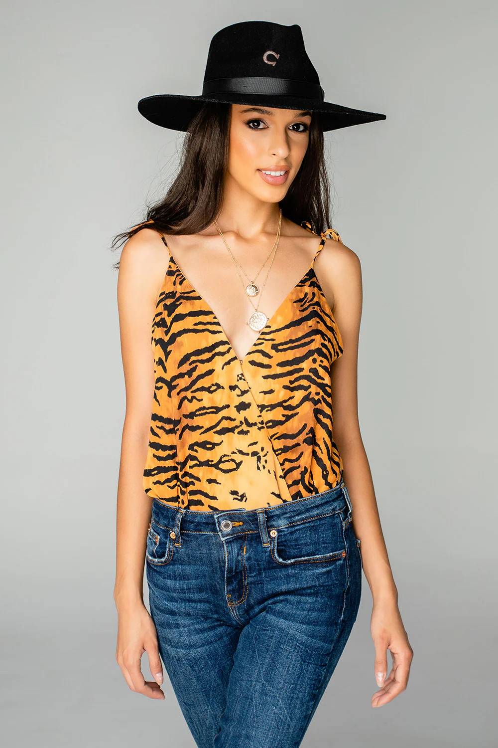 Crystal Tie Shoulder Surplice Bodysuit - Bengal | BuddyLove