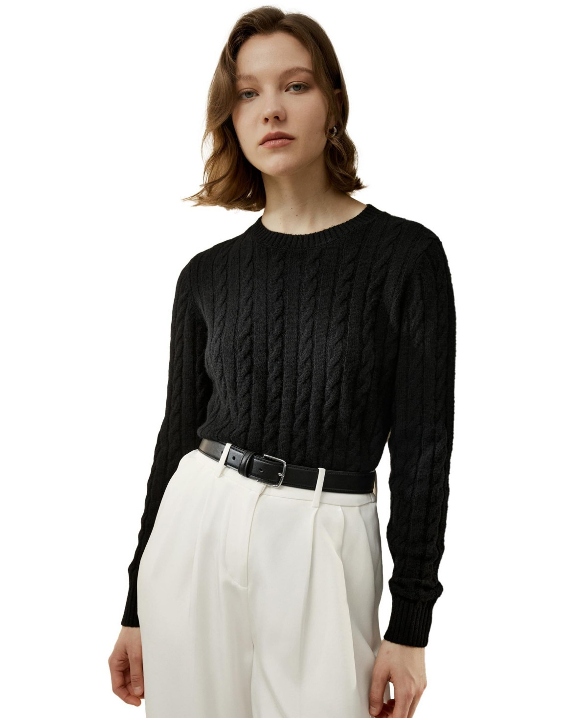 Lilysilk Women's Classic Cable Knit Sweater with Ribbed Edges - Black | Macy's