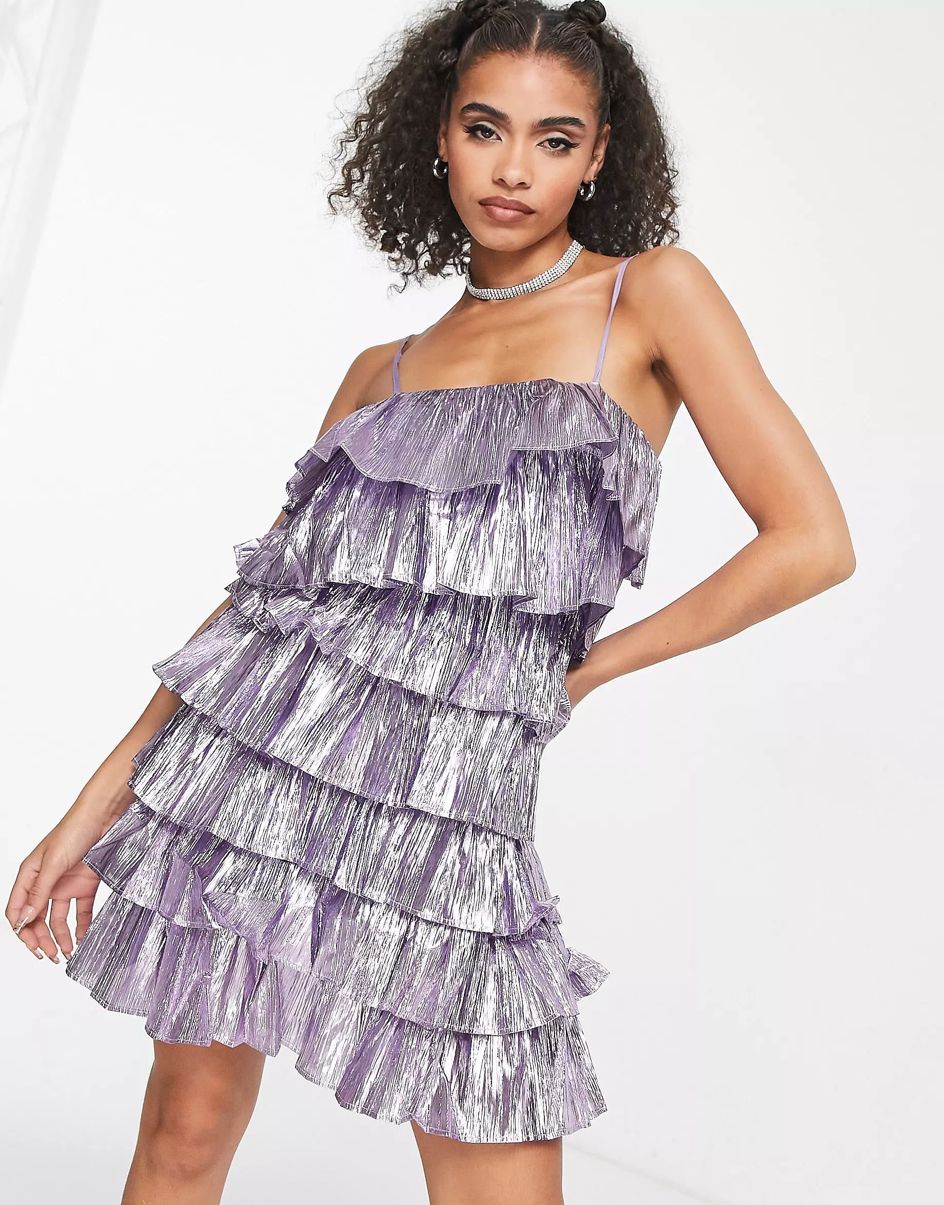 Collective the Label exclusive metallic tiered mini dress in pewter | ASOS (Global)