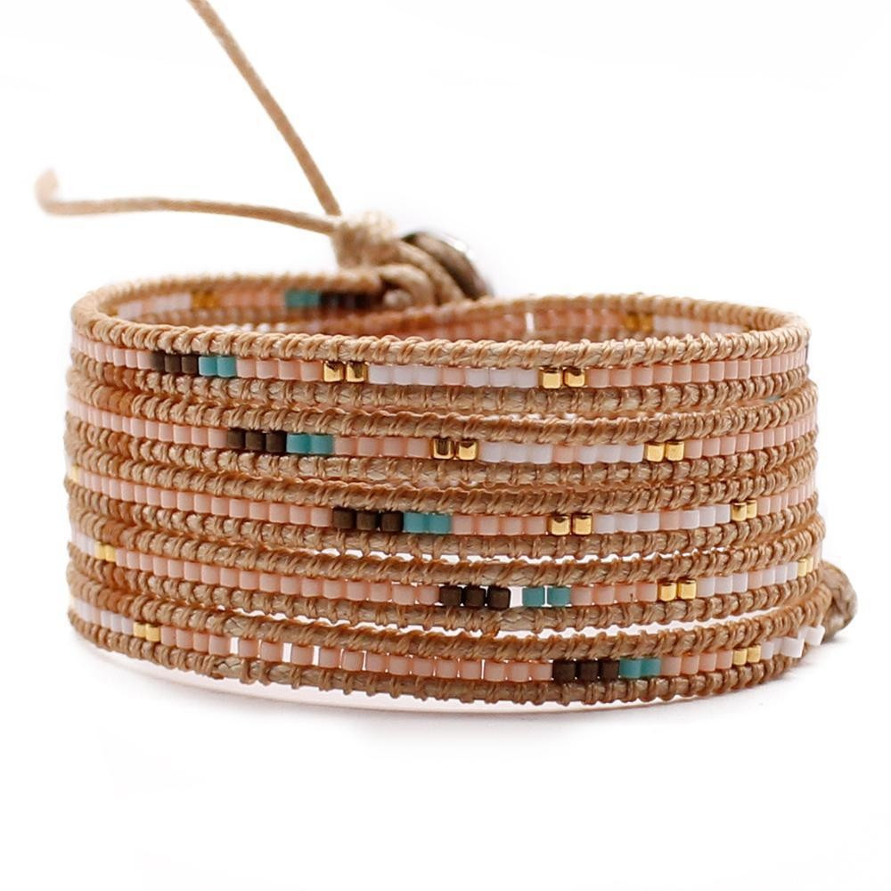 Peach, Turquoise and White Seed Beads on Natural - Vegan | Victoria Emerson