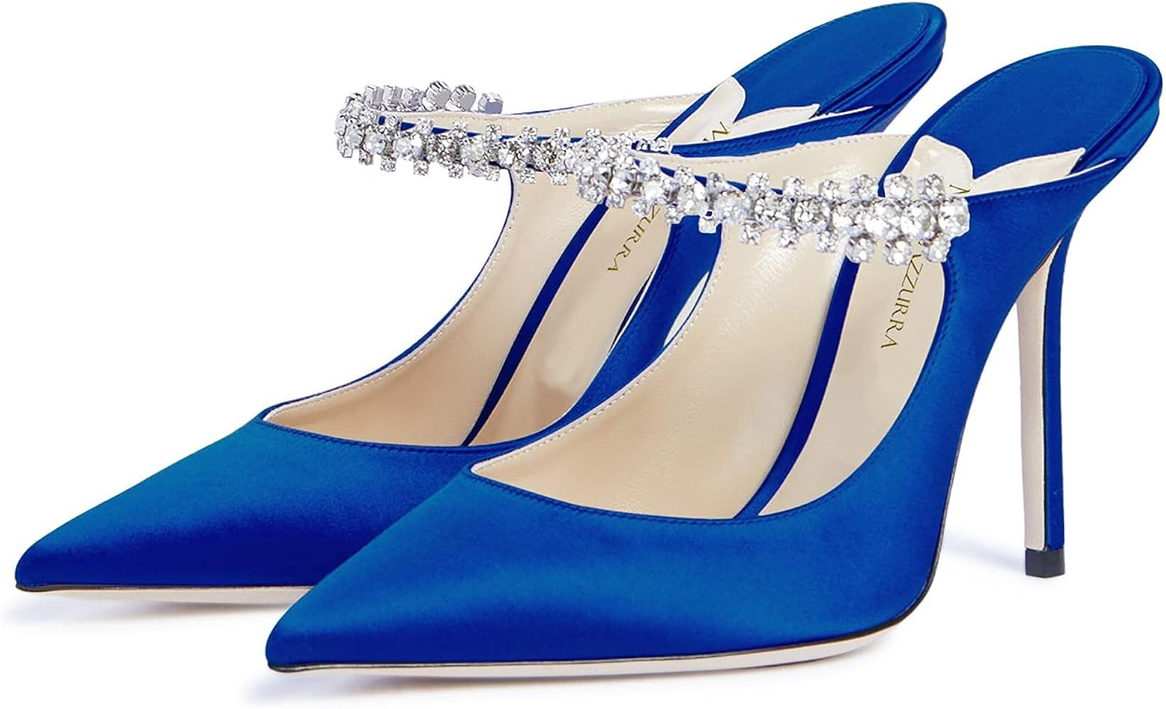 MIRAAZZURRA Women Heeled Mules Rhinestone Strappy Pointed Toe Mules Satin Stiletto High Heels Sli... | Amazon (US)
