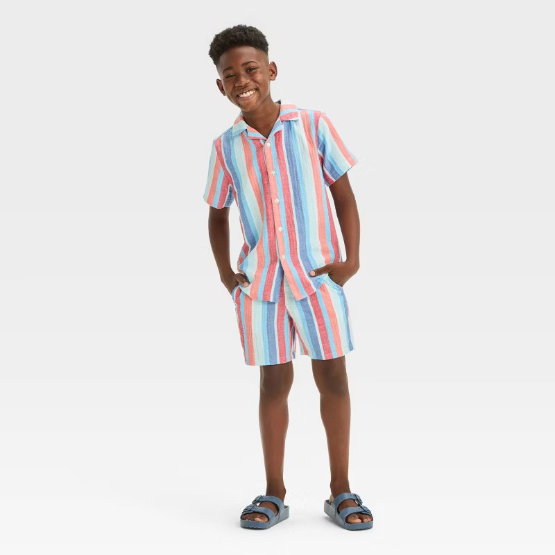 Boys' Short Sleeve Americana Vertical Striped Button-Down Shirt - Cat & Jack™ Blue | Target