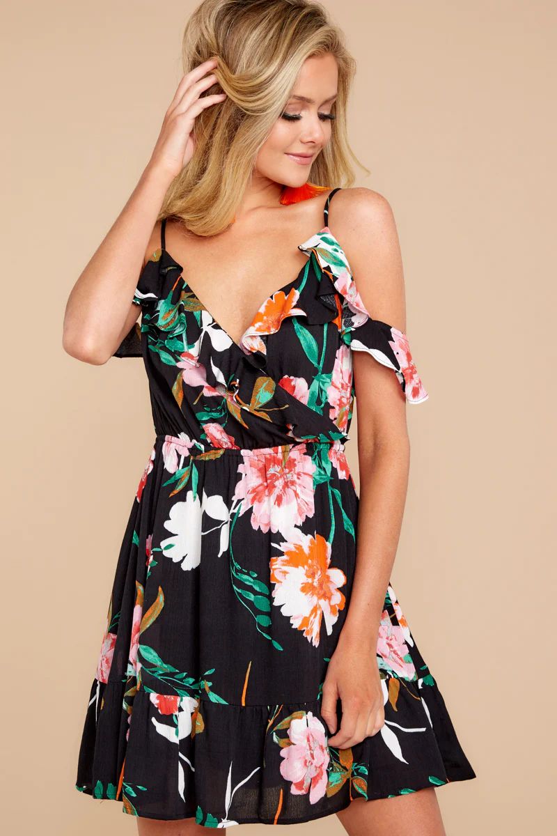 Stay Where We Are Black Floral Print Dress | Red Dress 