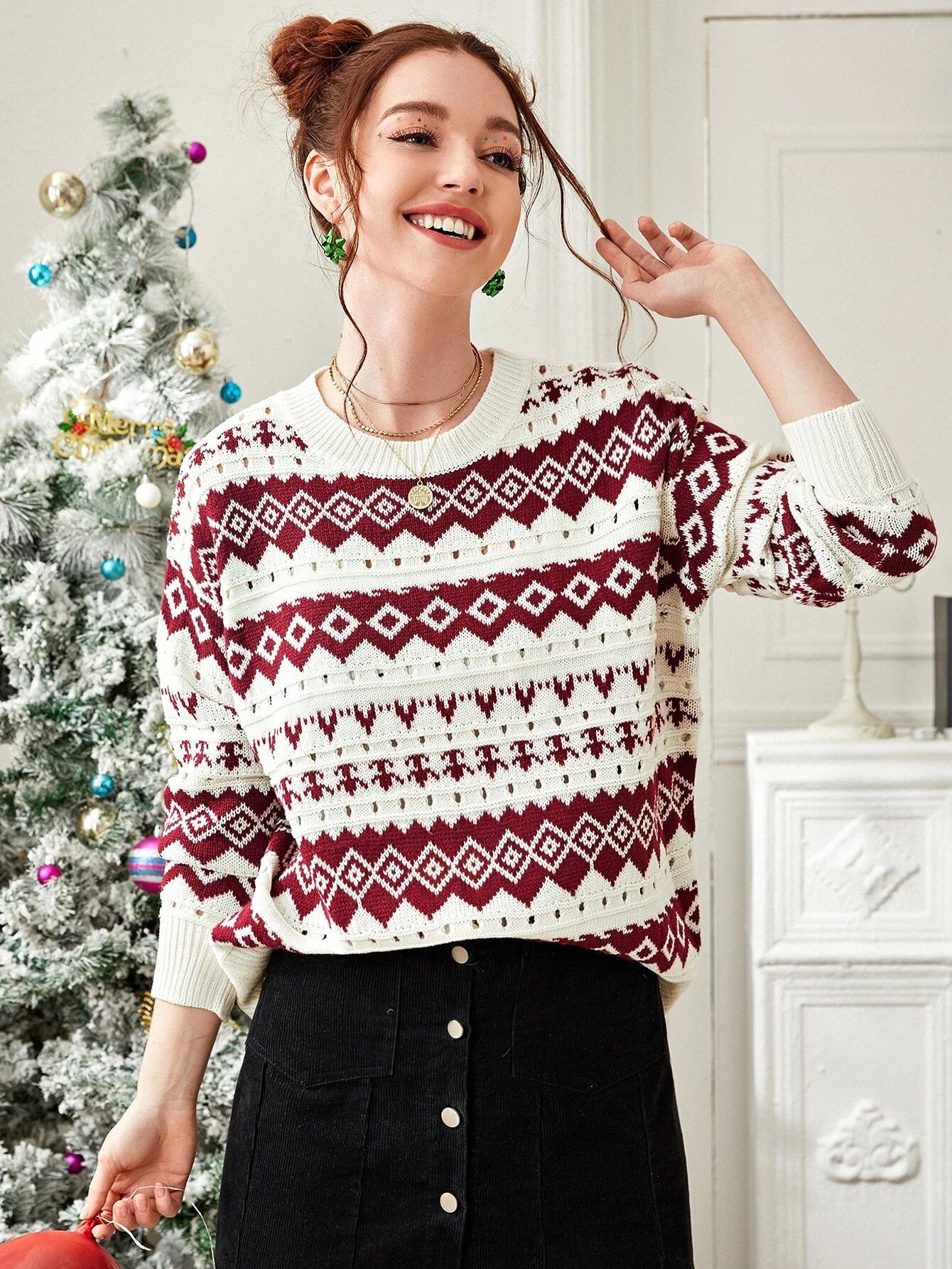 Christmas Print Drop Shoulder Sweater | SHEIN