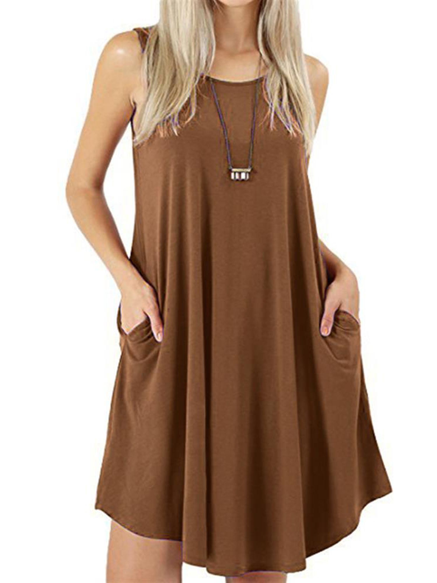 Womens Sundresses Dresses Sleeveless Summer Tank Crew Neck Swing Loose Pockets - Walmart.com | Walmart (US)
