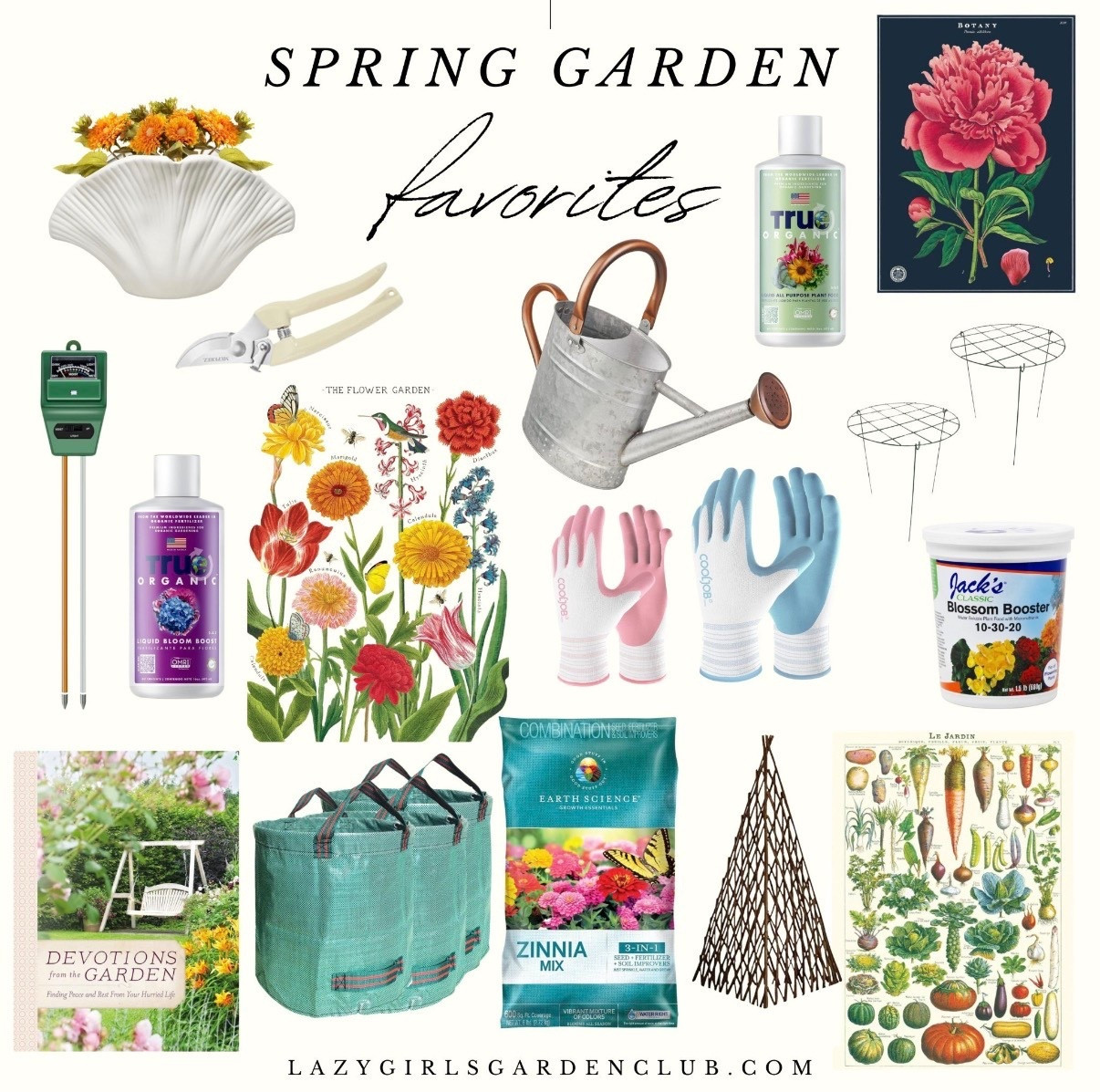 Spring gardening favorites list 🌸


Gardening favorites, lazy gardening, soil ph monitor, gardening can, garden art posters, zinnia seed mix, reusable yard cleanup bags, seashell vase, garden shears, peony cages, gardening gloves, bloom booster fertilizer

