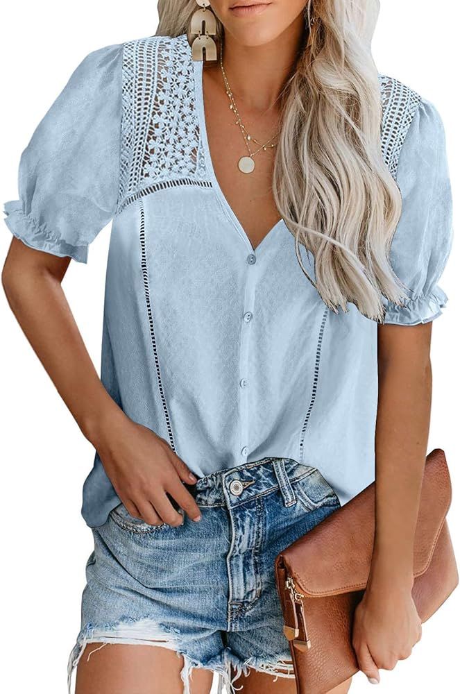 Aleumdr Women's Lace Crochet V Neck 3/4 Sleeve Button Down Blouses Casual Shirts Tops | Amazon (US)