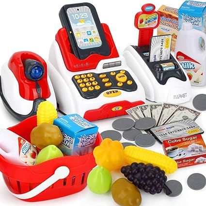 Pretend Play Smart Cash Register Toy, Kids Cashier with Checkout Scanner,Fruit Card Reader, Credi... | Amazon (US)