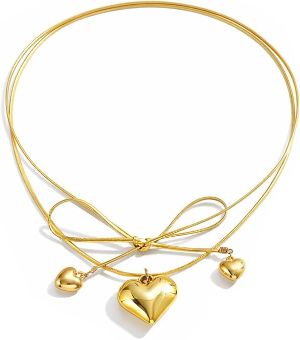 Chunky Heart Necklace For Women, 14k Gold Plated Bow Layered Tie Wrap Choker Hearts Locket Neckla... | Amazon (US)