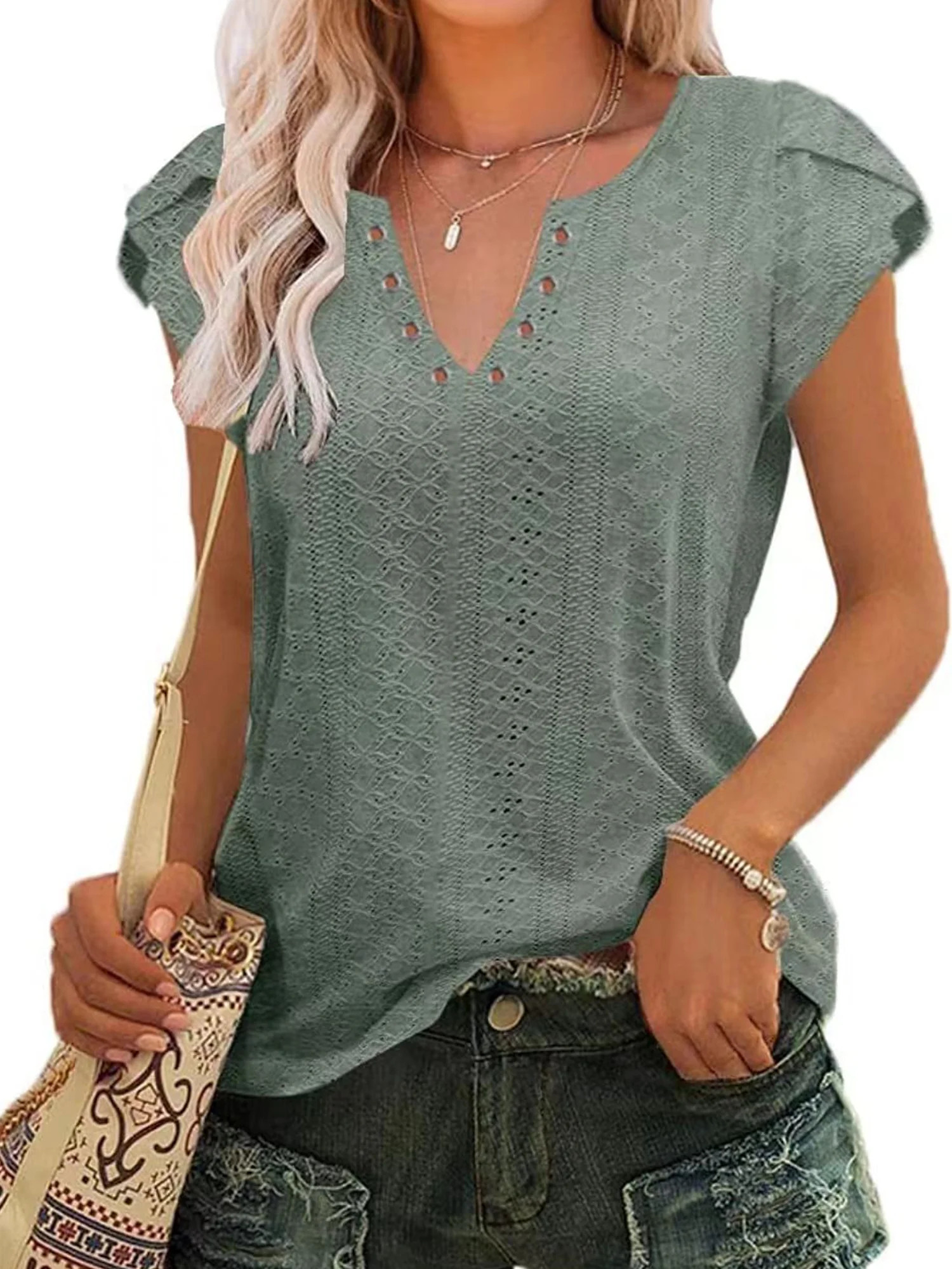 TEMOFON Women Tops Summer T-Shirts Short Sleeve Casual V Neck Tops Dressy Ruffle Sleeve Tunic Top... | Walmart (US)