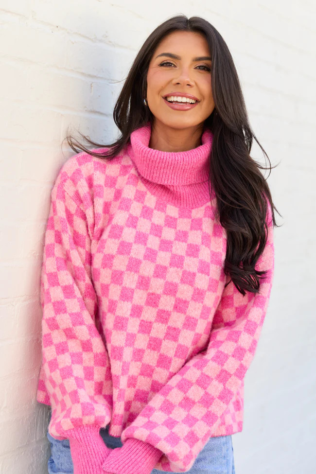 Kelli Pink Checkered Turtleneck Sweater | Pink Lily