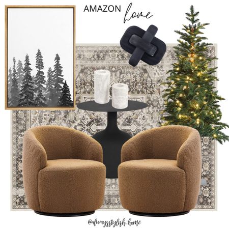 Living room, Ruggable rug, washable rug, Christmas tree, winter wall art, modern art, black wood knot, black accent table, brown accent chairs, swivel accent chair, boucle accent chair, candle holders, home decor

#LTKFind #LTKhome #LTKHoliday