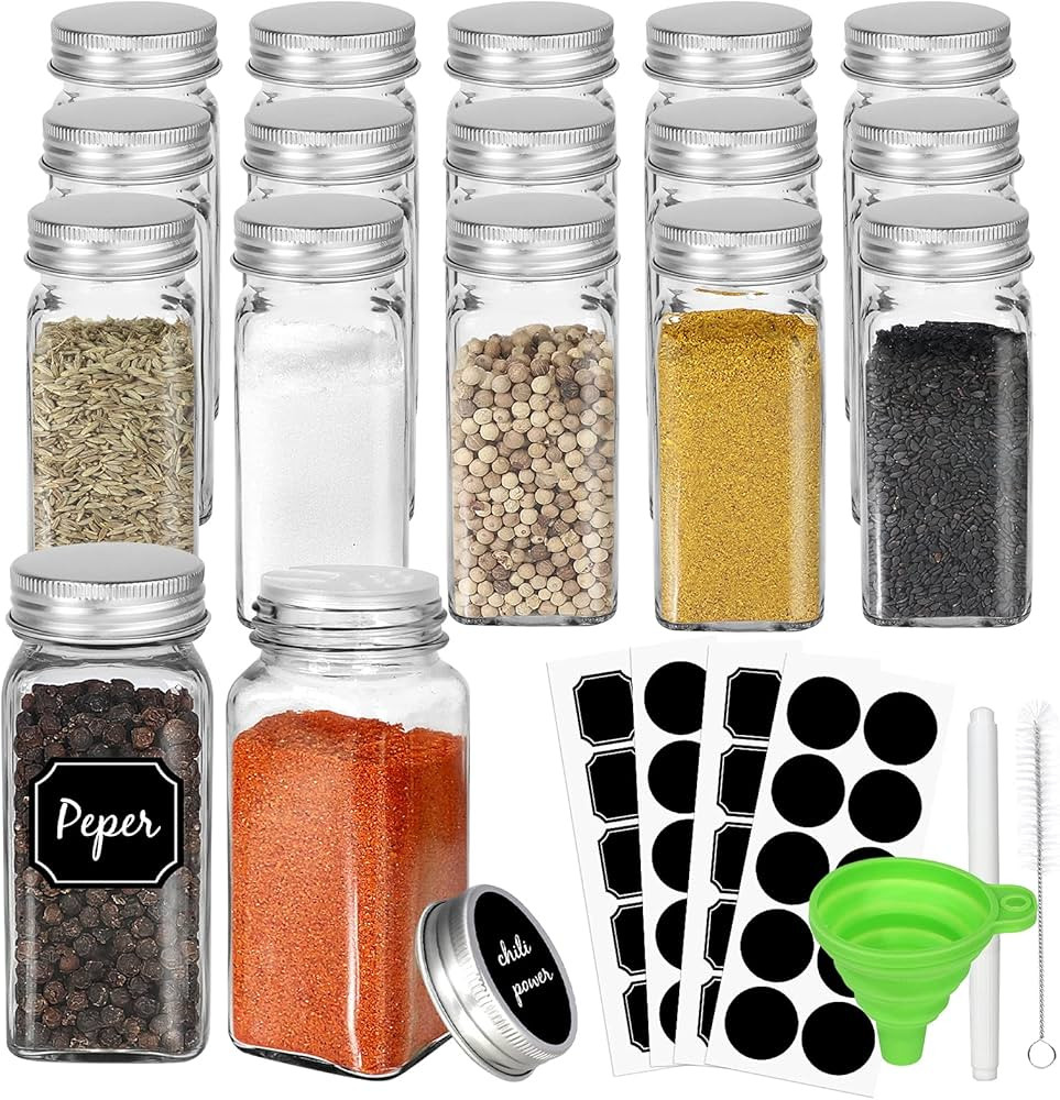 CycleMore 15 Pcs 4oz Glass Spice Jars Bottles, Square Spice Containers with Silver Metal Caps and... | Amazon (US)