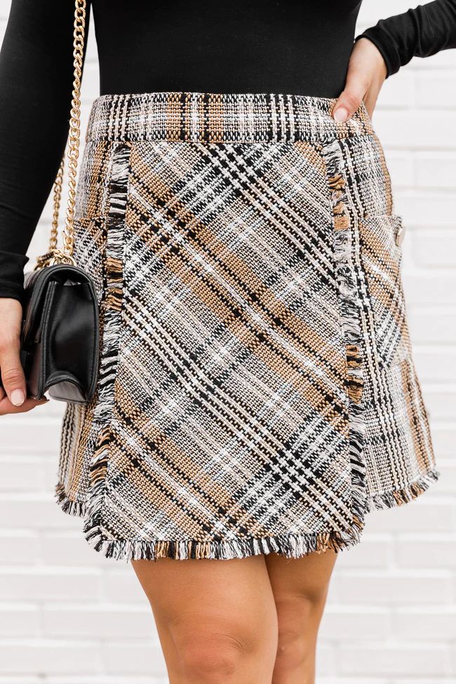 Blame Your Past Tan Fringe Plaid Skirt | The Pink Lily Boutique