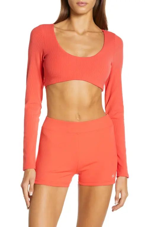 Alo Rib Long Sleeve Crop Top in Red Hot Summer at Nordstrom, Size Medium | Nordstrom