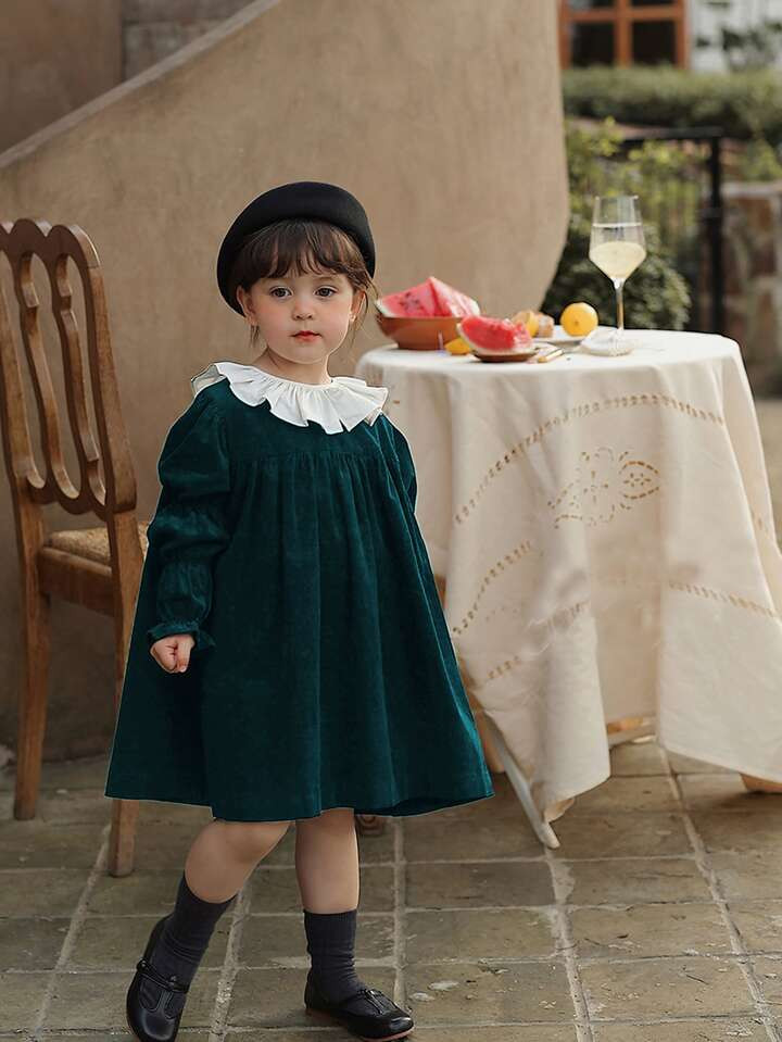 Toddler Girls Contrast Ruffle Trim Gathered Sleeve Cord Dress | SHEIN