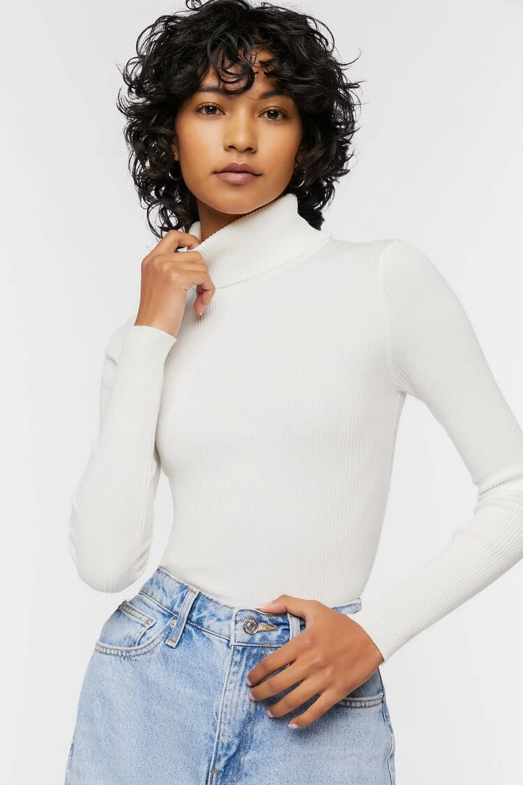 Women's Ribbed Turtleneck Sweater-Knit Top in White, XL | Forever 21