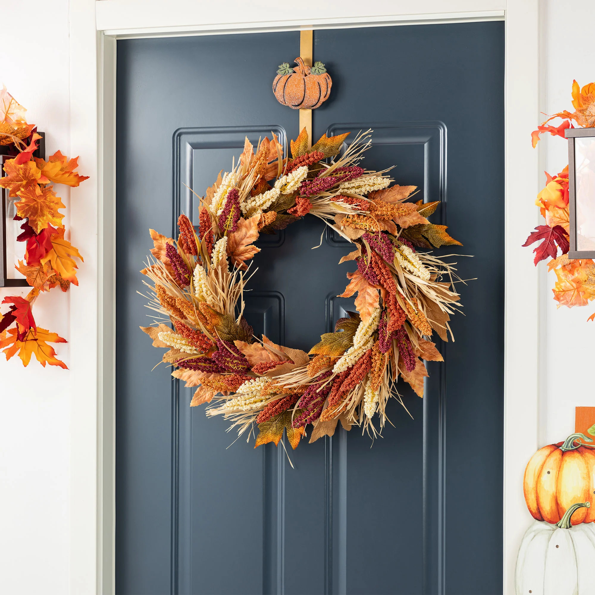 The Holiday Aisle® 24"D Fall Multi-Colored Sorghum Wreath Includes A Complimentary Black Metal W... | Wayfair North America